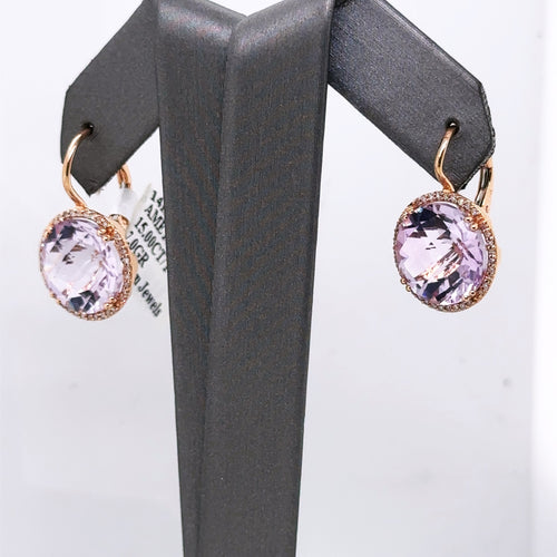 14k Rose Gold 15.00 CT Purple Amethyst & Diamond Earrings, 7gm, S12684