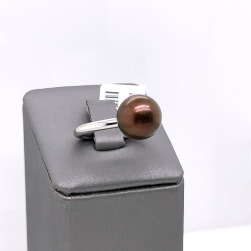 18k White Gold 11.5mm Tahitian Brown Pearl Ladies Ring, 7.2g, Size 6.75, S107252