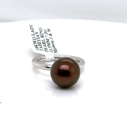 18k White Gold 11.5mm Tahitian Brown Pearl Ladies Ring, 7.2g, Size 6.75, S107252