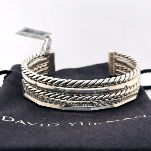 David Yurman Stax Narrow Cuff Bracelet with Diamonds, 58.6Gm, Open Cuff