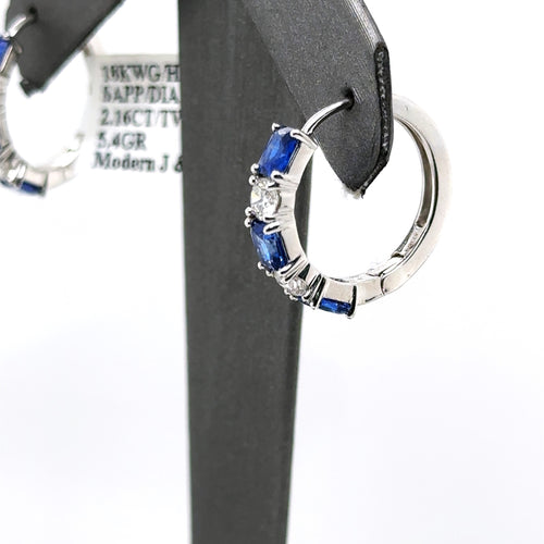 18k White Gold 2.16CT Diamond & Sapphire hoop Earrings, 5.4gm, S106979