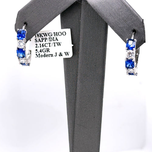 18k White Gold 2.16CT Diamond & Sapphire hoop Earrings, 5.4gm, S106979